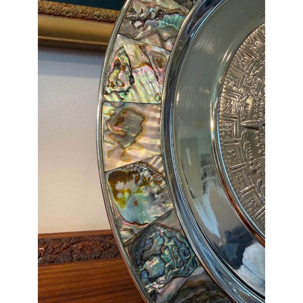 Vintage Aztec Calendar Wall‎ Plate - Alpaca Mexico Silver with Abalone Inlay